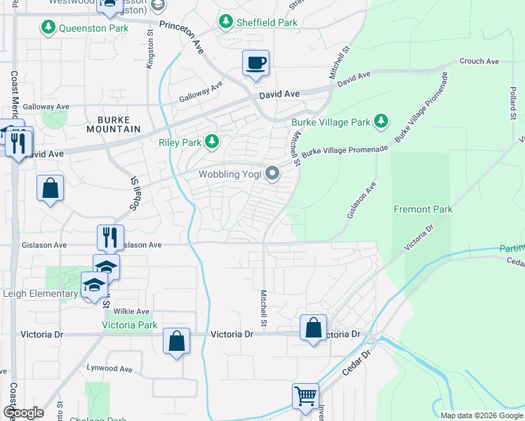 map of restaurants, bars, coffee shops, grocery stores, and more near 1290 Mitchell Street in Coquitlam