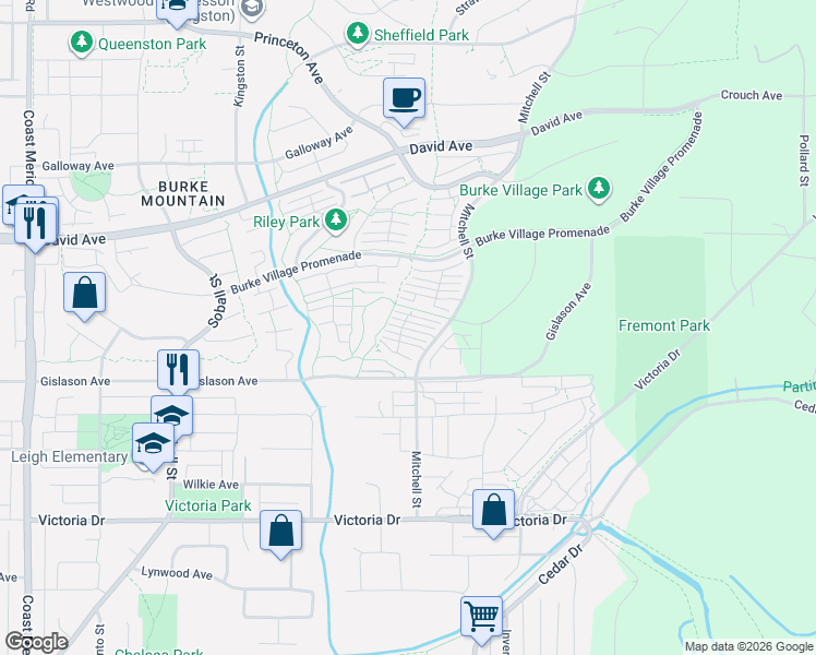map of restaurants, bars, coffee shops, grocery stores, and more near 1290 Mitchell Street in Coquitlam