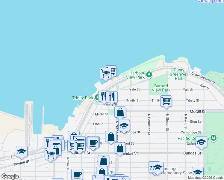 map of restaurants, bars, coffee shops, grocery stores, and more near 2385 Wall Street in Vancouver