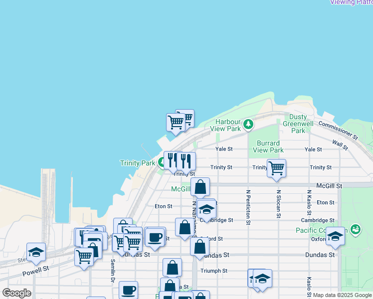map of restaurants, bars, coffee shops, grocery stores, and more near 2385 Wall Street in Vancouver