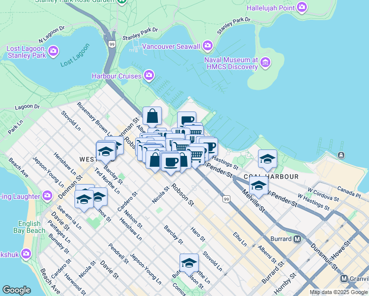 map of restaurants, bars, coffee shops, grocery stores, and more near 620 Cardero Street in Vancouver
