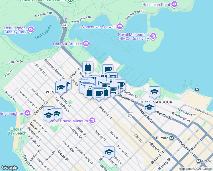 map of restaurants, bars, coffee shops, grocery stores, and more near 620 Cardero Street in Vancouver