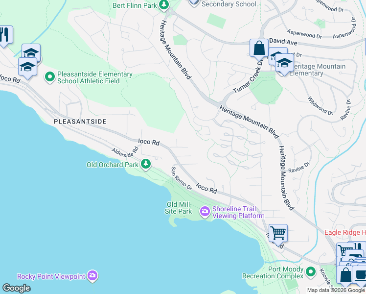 map of restaurants, bars, coffee shops, grocery stores, and more near Dowding Road in Port Moody