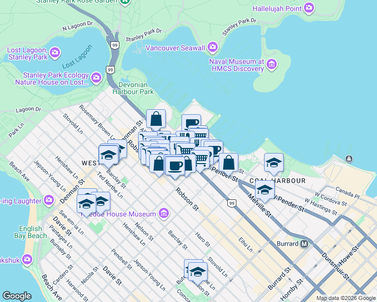 map of restaurants, bars, coffee shops, grocery stores, and more near 620 Cardero Street in Vancouver