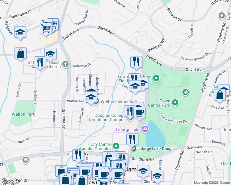 map of restaurants, bars, coffee shops, grocery stores, and more near 3000 Walton Avenue in Coquitlam