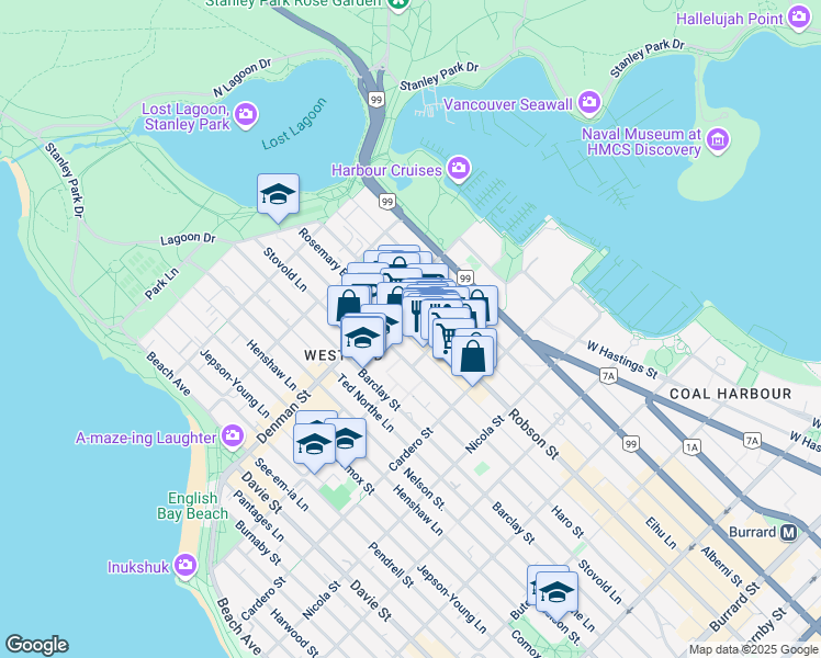 map of restaurants, bars, coffee shops, grocery stores, and more near 1766 Robson Street in Vancouver