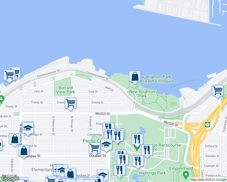 map of restaurants, bars, coffee shops, grocery stores, and more near 2923 Wall Street in Vancouver