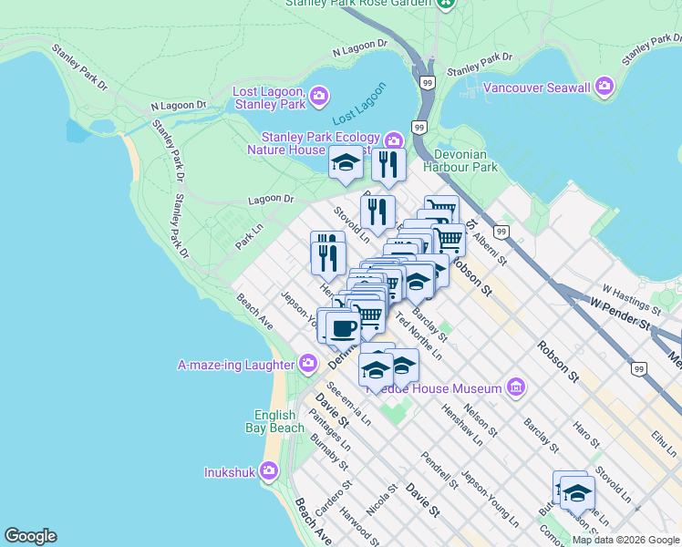 map of restaurants, bars, coffee shops, grocery stores, and more near 1925 Nelson Street in Vancouver