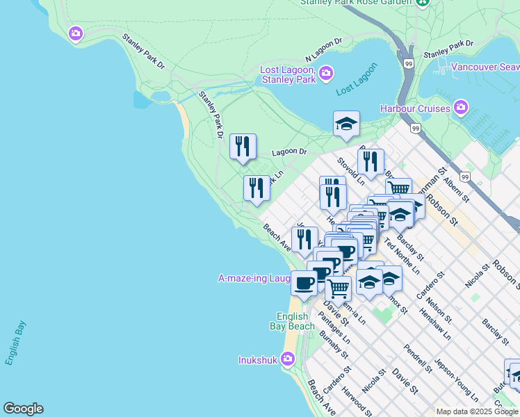 map of restaurants, bars, coffee shops, grocery stores, and more near 2099 Beach Avenue in Vancouver