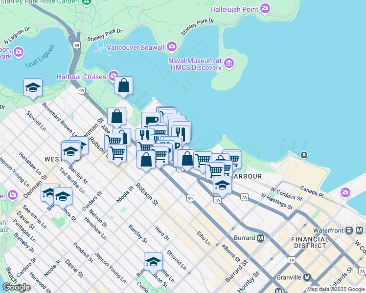 map of restaurants, bars, coffee shops, grocery stores, and more near 510 Nicola Street in Vancouver