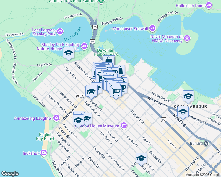 map of restaurants, bars, coffee shops, grocery stores, and more near 1719 Robson Street in Vancouver