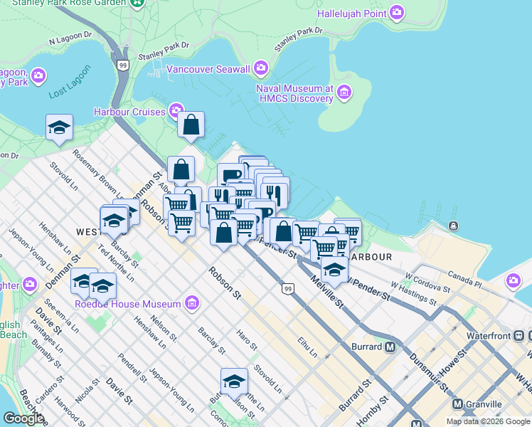 map of restaurants, bars, coffee shops, grocery stores, and more near in Vancouver