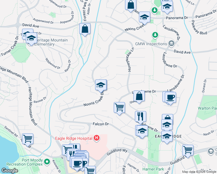 map of restaurants, bars, coffee shops, grocery stores, and more near 1110 Barberry Place in Port Moody