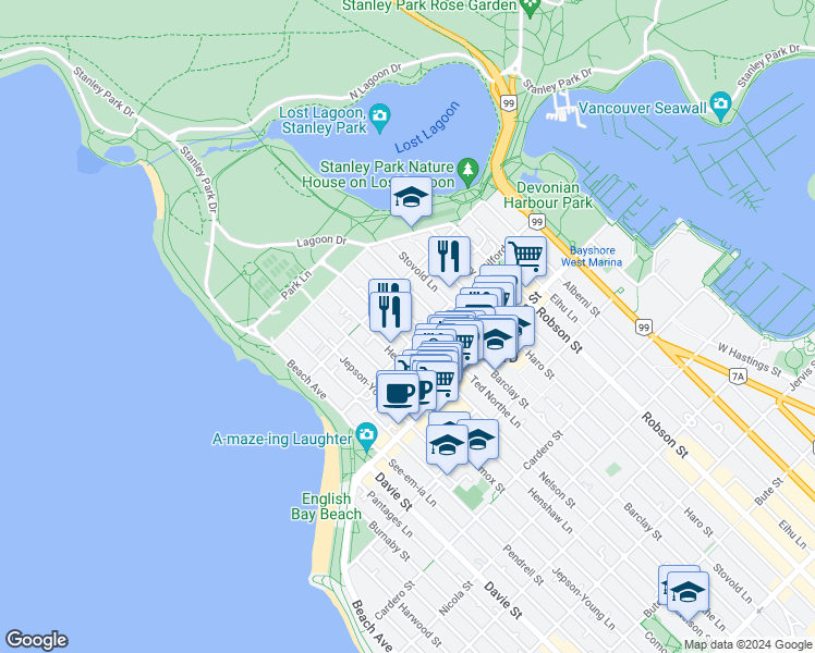 map of restaurants, bars, coffee shops, grocery stores, and more near 1925 Nelson Street in Vancouver