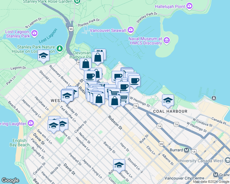 map of restaurants, bars, coffee shops, grocery stores, and more near 602 Cardero Street in Vancouver