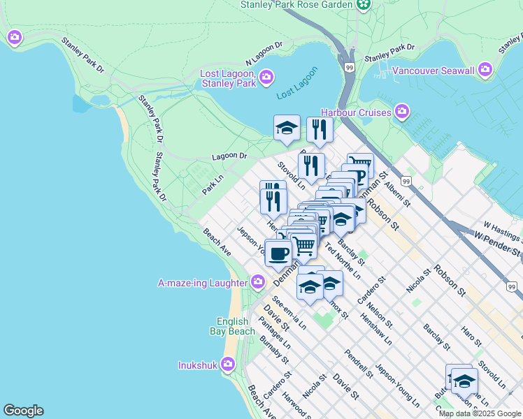 map of restaurants, bars, coffee shops, grocery stores, and more near in Vancouver