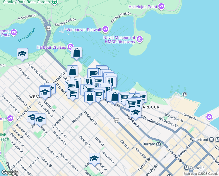 map of restaurants, bars, coffee shops, grocery stores, and more near 510 Nicola Street in Vancouver