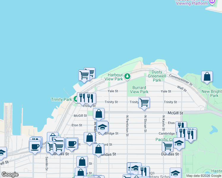 map of restaurants, bars, coffee shops, grocery stores, and more near 2502 Wall Street in Vancouver