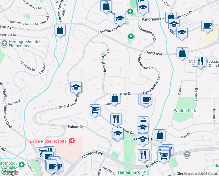 map of restaurants, bars, coffee shops, grocery stores, and more near 2556 Trillium Place in Coquitlam