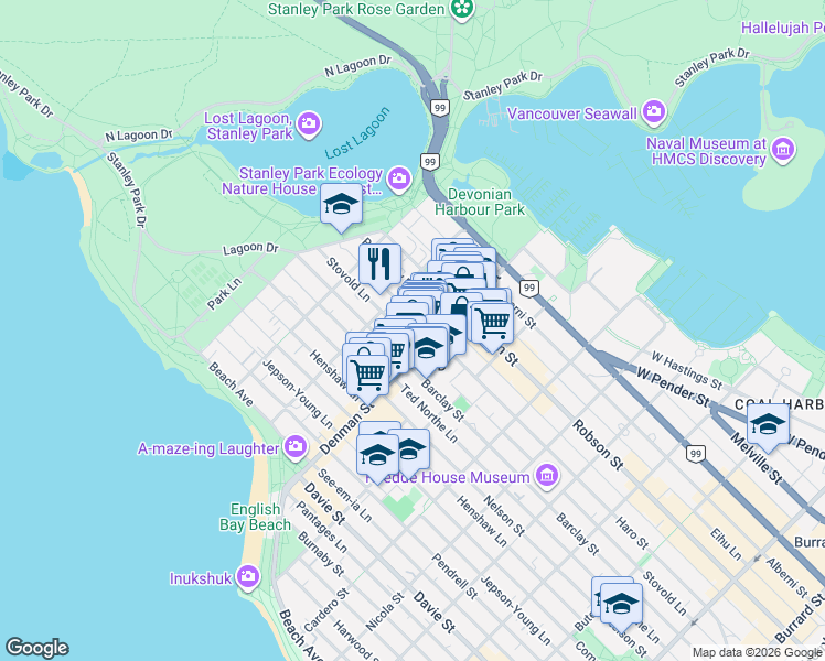map of restaurants, bars, coffee shops, grocery stores, and more near 1816 Haro Street in Vancouver
