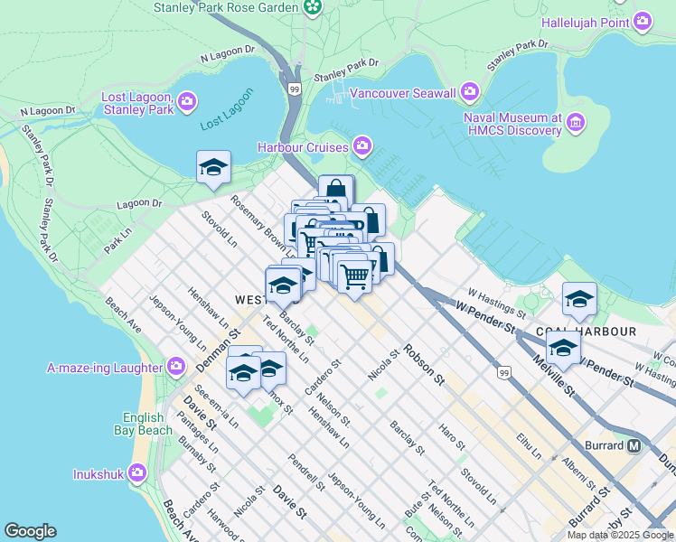 map of restaurants, bars, coffee shops, grocery stores, and more near 1728 Alberni Street in Vancouver