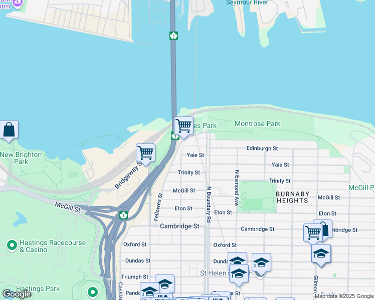 map of restaurants, bars, coffee shops, grocery stores, and more near 3621 Yale Street in Vancouver