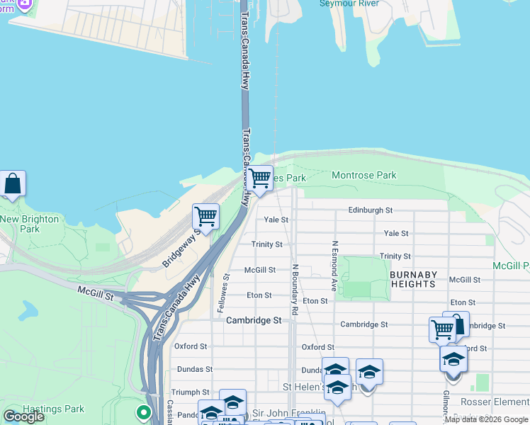 map of restaurants, bars, coffee shops, grocery stores, and more near 3615 Yale Street in Vancouver