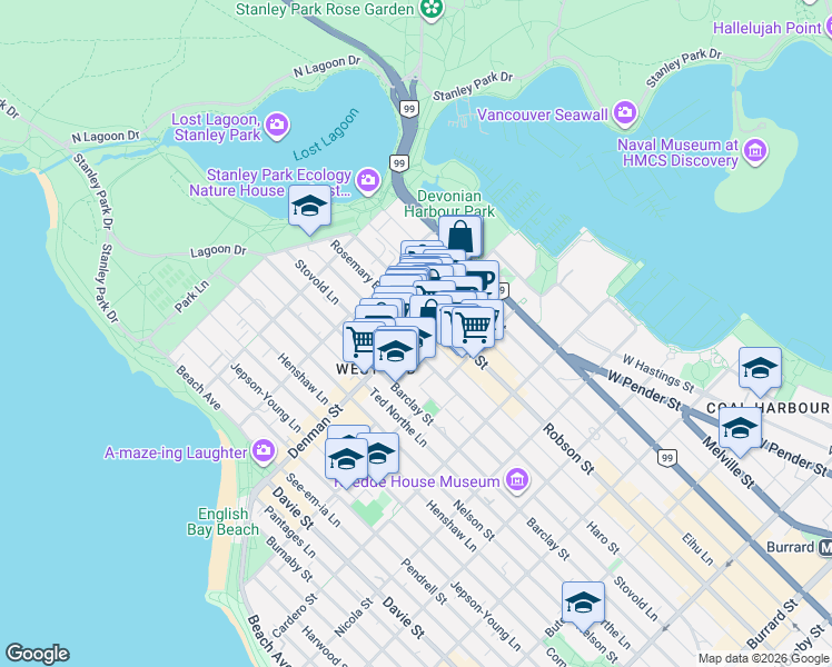 map of restaurants, bars, coffee shops, grocery stores, and more near 836 Denman Street in Vancouver