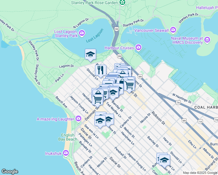map of restaurants, bars, coffee shops, grocery stores, and more near 1890 Haro Street in Vancouver