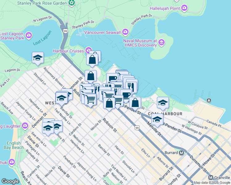 map of restaurants, bars, coffee shops, grocery stores, and more near 588 Cardero Street in Vancouver
