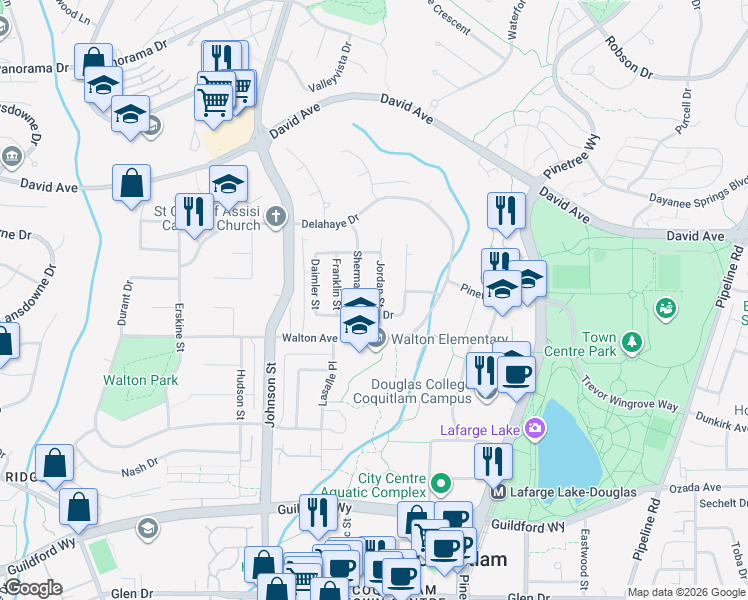 map of restaurants, bars, coffee shops, grocery stores, and more near 1294 Jordan Street in Coquitlam