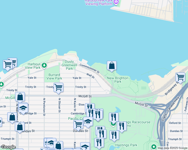 map of restaurants, bars, coffee shops, grocery stores, and more near 2953 Wall Street in Vancouver