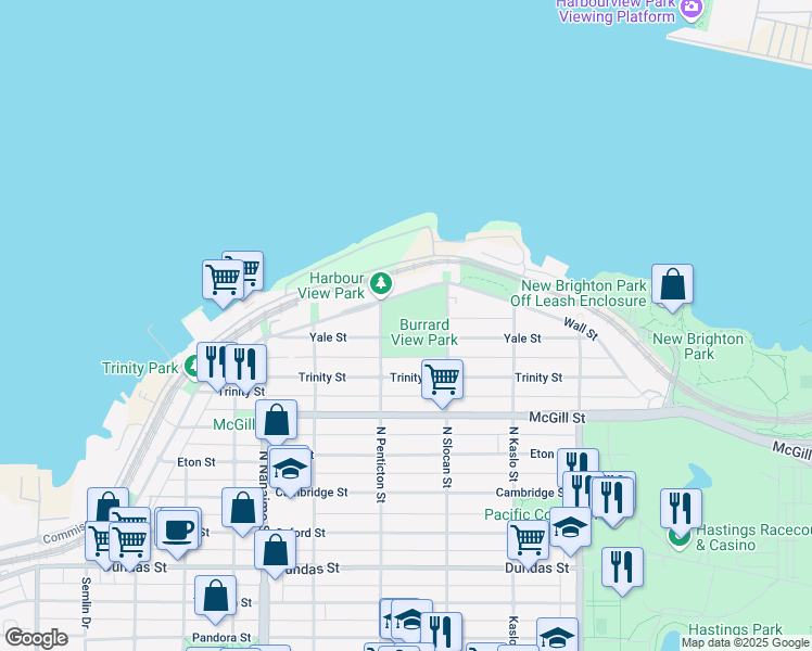 map of restaurants, bars, coffee shops, grocery stores, and more near 650 Penticton Street North in Vancouver