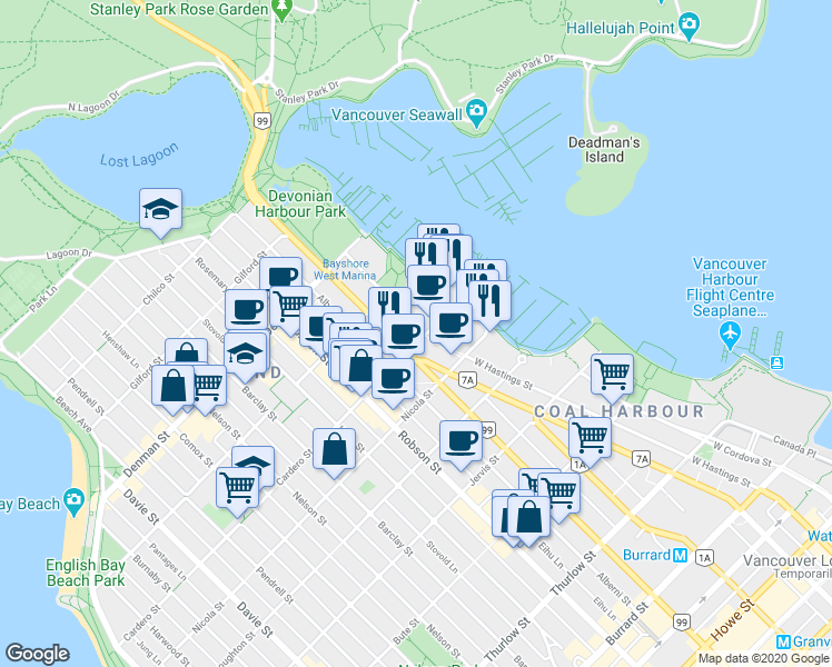 map of restaurants, bars, coffee shops, grocery stores, and more near 607 Cardero Street in Vancouver