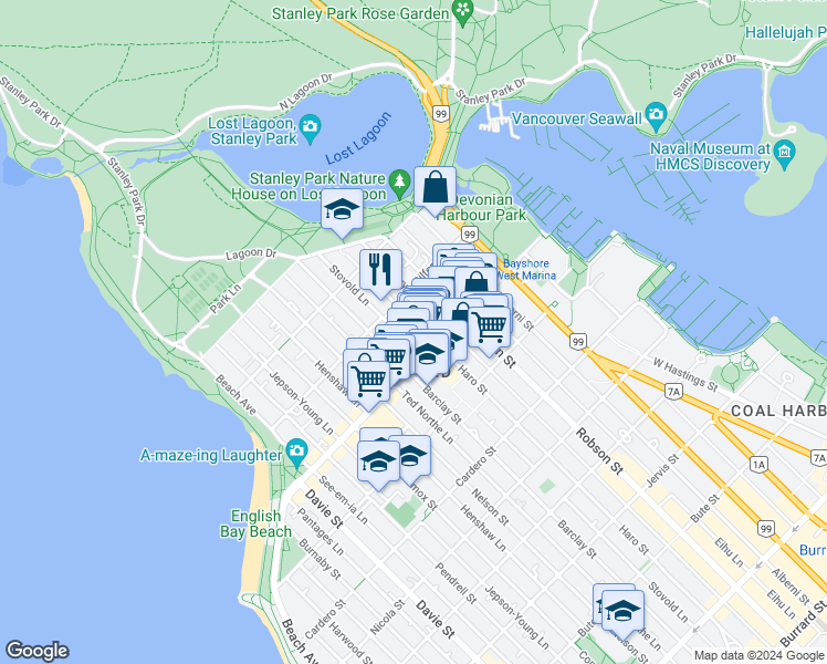 map of restaurants, bars, coffee shops, grocery stores, and more near 1816 Haro Street in Vancouver