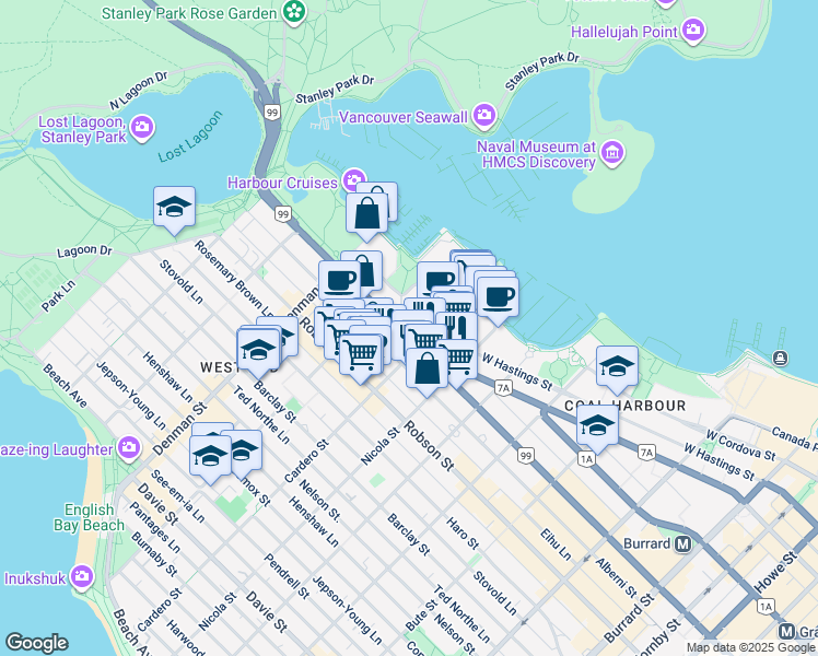 map of restaurants, bars, coffee shops, grocery stores, and more near in Vancouver
