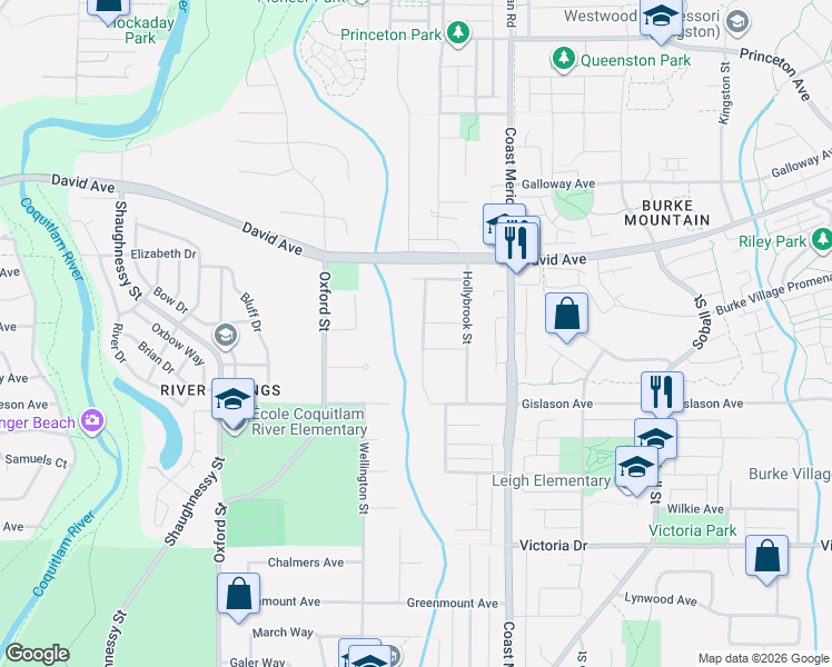 map of restaurants, bars, coffee shops, grocery stores, and more near 1280 Creekstone Terrace in Coquitlam