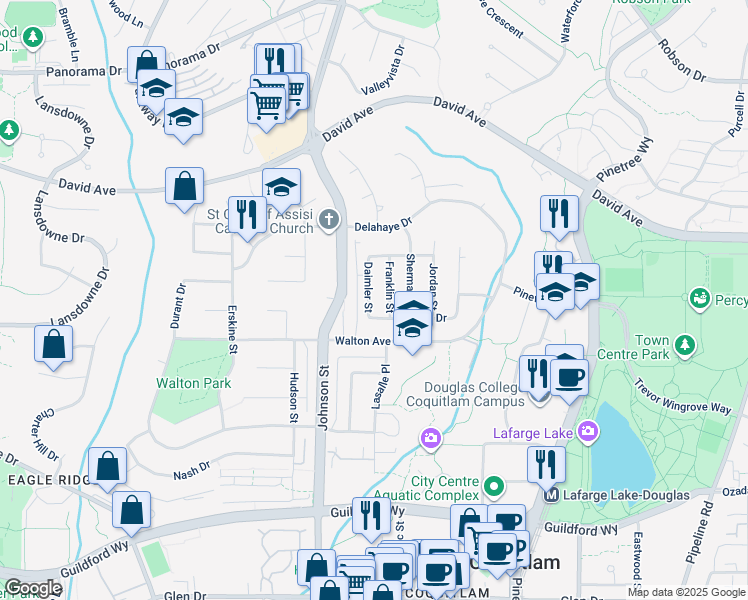 map of restaurants, bars, coffee shops, grocery stores, and more near 1295 Daimler Street in Coquitlam