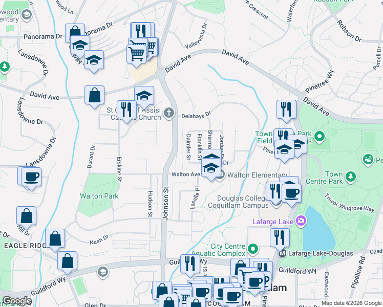 map of restaurants, bars, coffee shops, grocery stores, and more near 1295 Daimler Street in Coquitlam