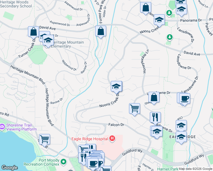map of restaurants, bars, coffee shops, grocery stores, and more near 1205 Cypress Place in Port Moody