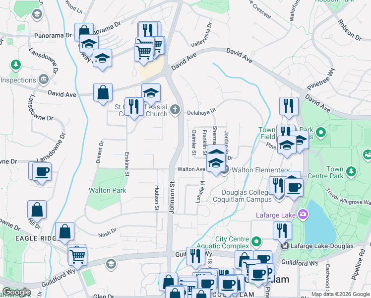 map of restaurants, bars, coffee shops, grocery stores, and more near 1295 Johnson Court in Coquitlam