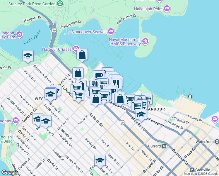 map of restaurants, bars, coffee shops, grocery stores, and more near in Vancouver