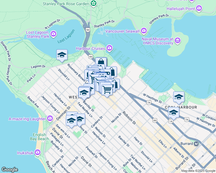map of restaurants, bars, coffee shops, grocery stores, and more near 1728 Alberni Street in Vancouver