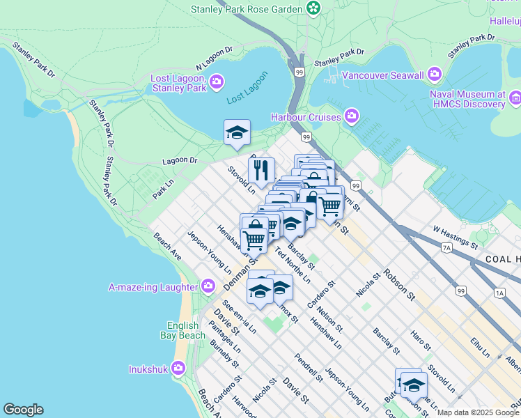 map of restaurants, bars, coffee shops, grocery stores, and more near in Vancouver