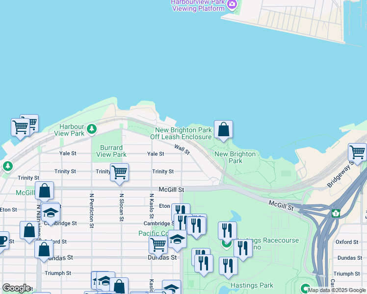 map of restaurants, bars, coffee shops, grocery stores, and more near 2917 Wall Street in Vancouver
