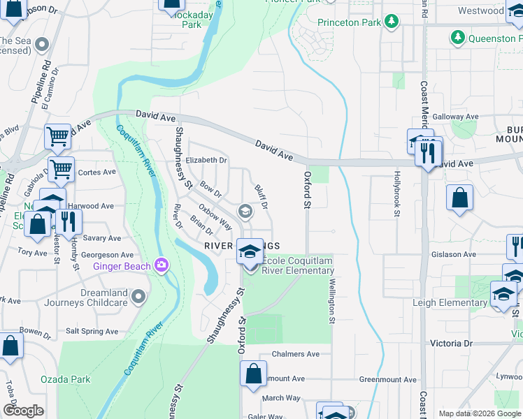 map of restaurants, bars, coffee shops, grocery stores, and more near 1253 Bluff Drive in Coquitlam