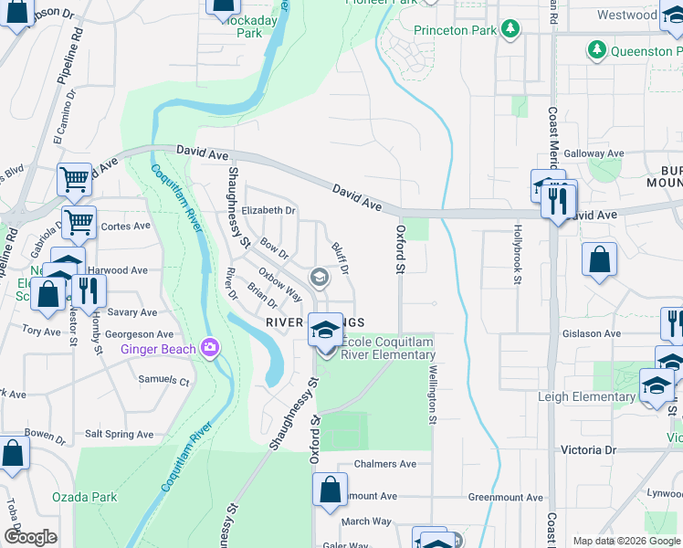 map of restaurants, bars, coffee shops, grocery stores, and more near 1253 Bluff Drive in Coquitlam