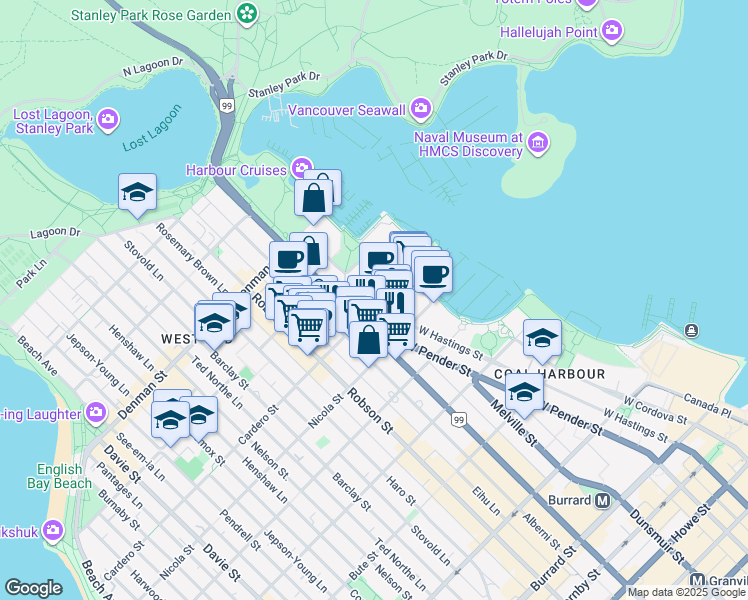map of restaurants, bars, coffee shops, grocery stores, and more near 581 Cardero Street in Vancouver