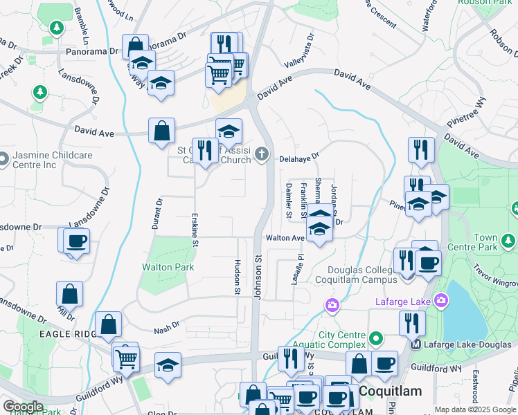 map of restaurants, bars, coffee shops, grocery stores, and more near 1301 Brewster Drive in Coquitlam