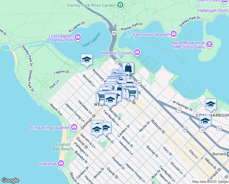 map of restaurants, bars, coffee shops, grocery stores, and more near 823 Denman Street in Vancouver